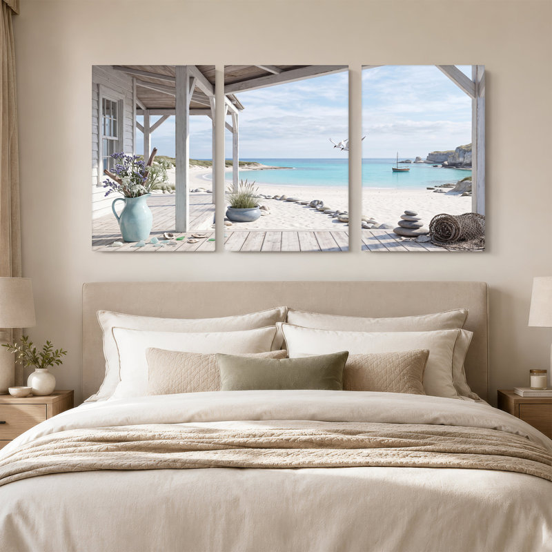 Ensemble de 3 toiles en bois blanc surplombant la plage de sable et l'océan bleu, H 24 po x l 16 po x 3 pièces