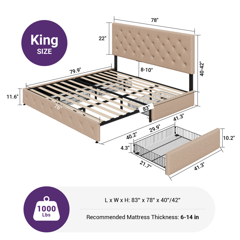 Zelna Upholstered Platform Storage Bed with 4 Drawers and Sleek Button Tufting, King, Beige