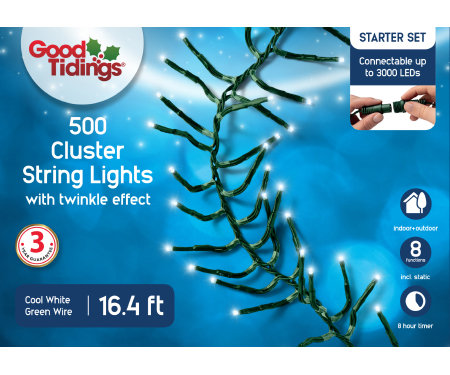 LED Cluster 500 Cool White Twinkle 16.4' Wire