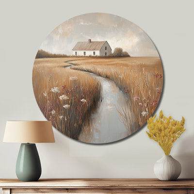 Brown White Farmhouse Meadows In Ireland - Countryside Round Metal Wall Art