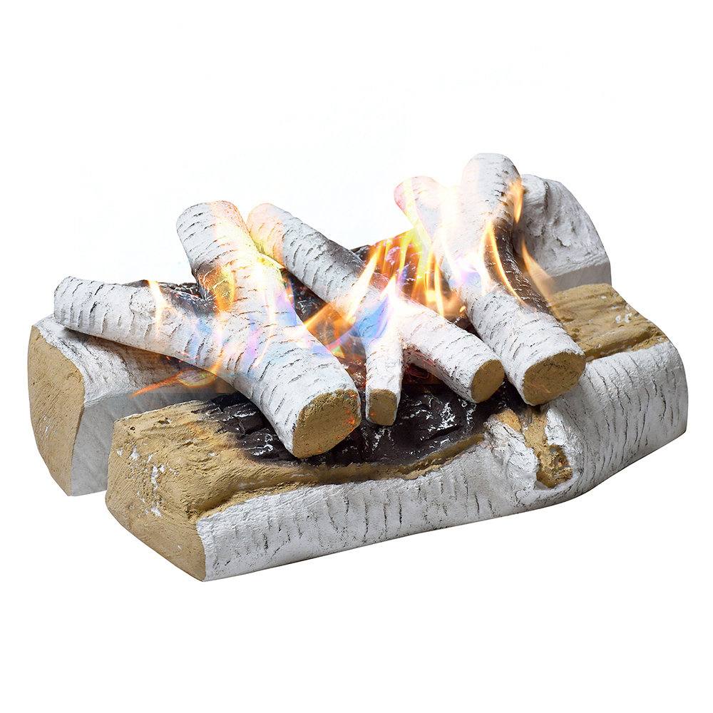 Polad Gas Fireplace Logs,5pcs Ceramic White Birch Wood Logs Set Realistic Fake Wood Logs Fireplace Decoration Arlmont & Co.