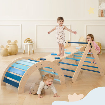 Pikler Triangle Set with Cushion, 8-in-1 Toddler Climbing Toys Indoor, Wooden Montessori Climbing Set with Arch Ramp,Ladder&Tent Cloth, Baby Indoor Climber Jungle Gyms for Toddlers Toy