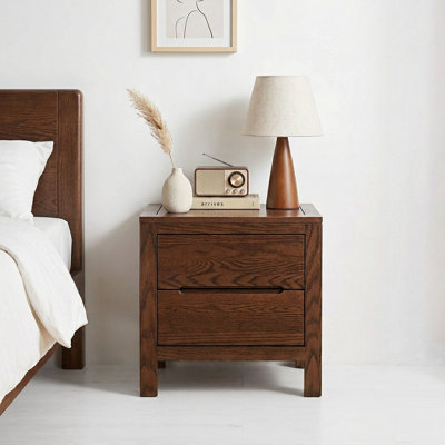 Solid Wood Nightstand Red Oak Bedside Table with Drawer and Open Shelf for Bedroom Storage