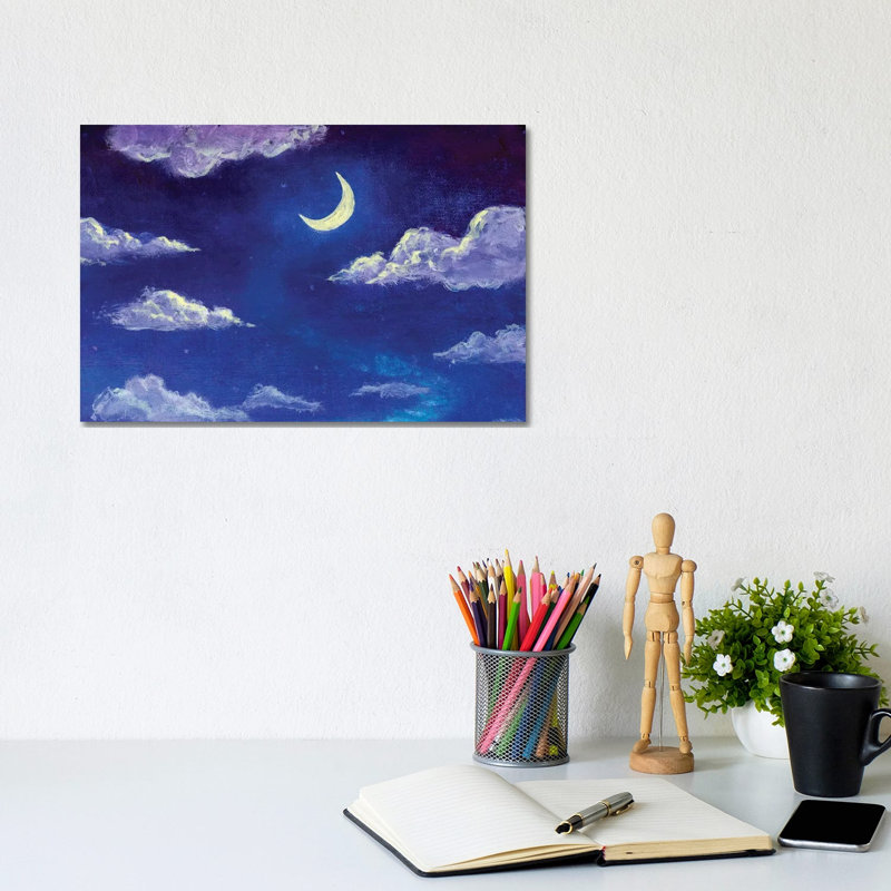 Glowing Month Moon And Clouds On The Blue Night Sky by Valery Rybakow - Wrapped Canvas Painting, 20.32 cm H x 30.48 cm W