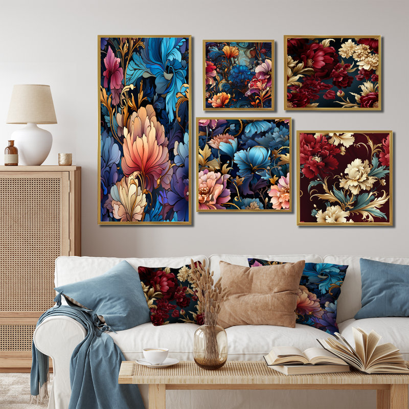 Kaleen - Ensemble de 5 impressions sur toile florales, Cadre flottant doré