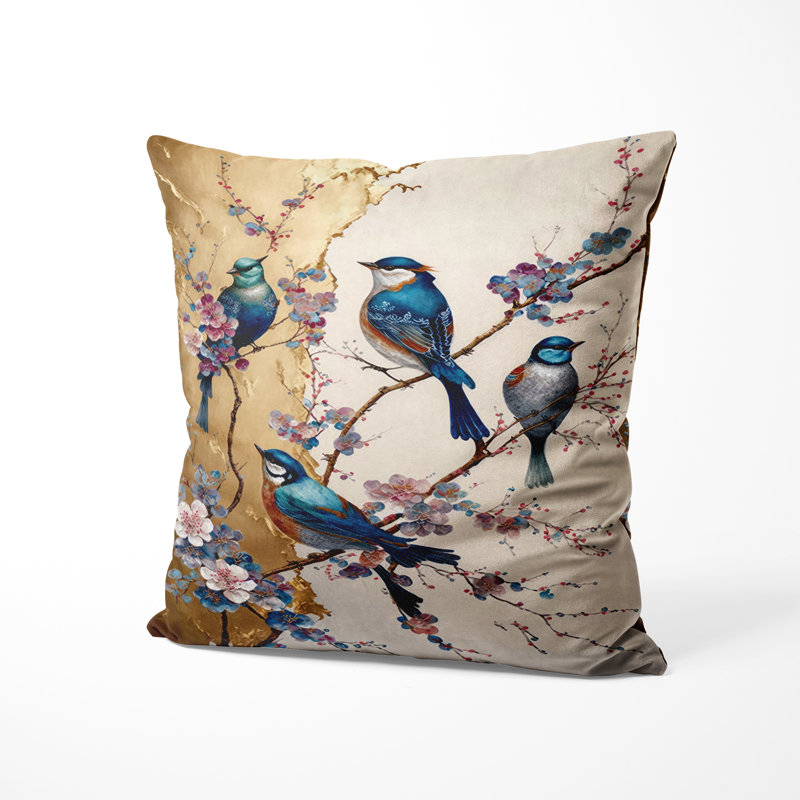 Coussin multicolore Birds On Plum Blossoms Tree, H 16 po x l 16 po