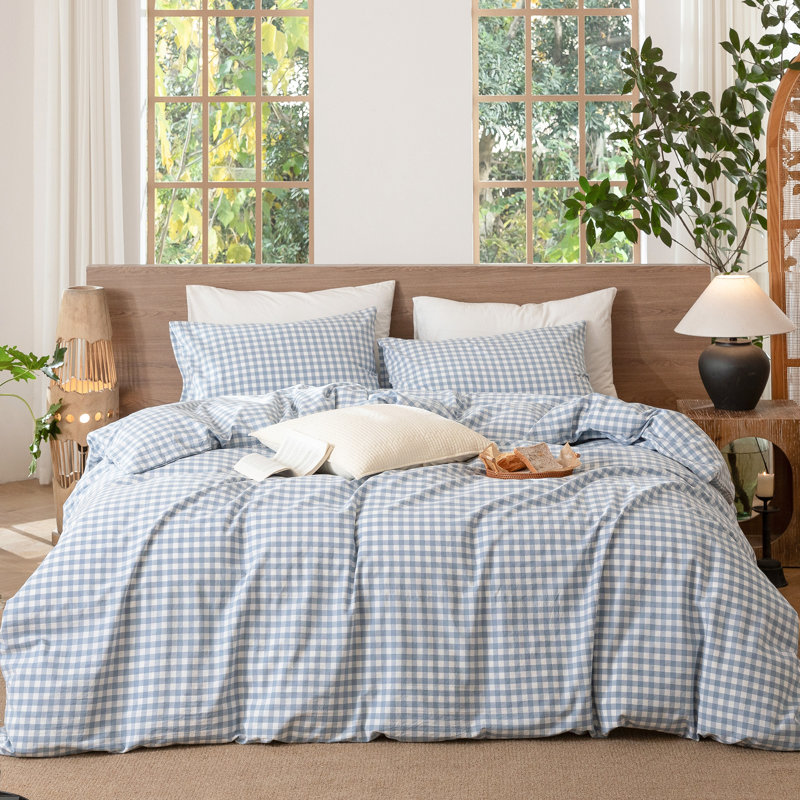 MooMee Gingham Duvet Cover Set 100% Washed Cotton Linen Like Lightweight, Twin Duvet Cover + 1 Standard Pillowcase