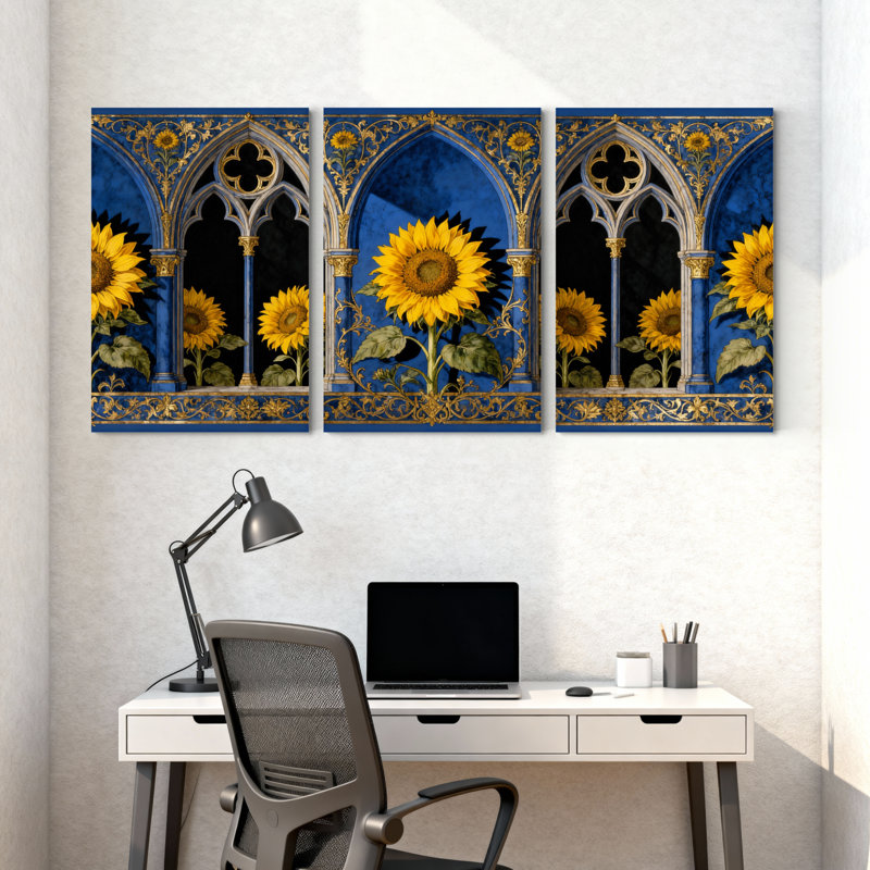 Plantes et fleurs, tournesol arche gothique bleu et or, ensemble de 3 impressions sur toile, H 18 po x l 12 po