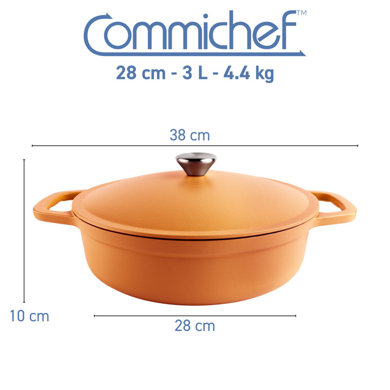 Commichef Lightweight Cast Iron 3L Enamelled Cast Iron Dutch Oven, 3, Red