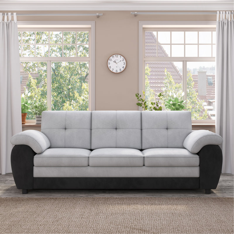 81,9? Canapé trois places de grande taille, revêtu de tissu d'ameublement moderne, cuir noir et velours gris clair