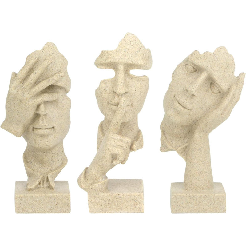 3 Pcs Thinker Statue, Silence Is Gold Abstract Art Figurine, No Hear No See No Speak Modern Home Resin Sculptures Decorative Objects Decor For Home Office Bookshelf Desktop(Sandstone)