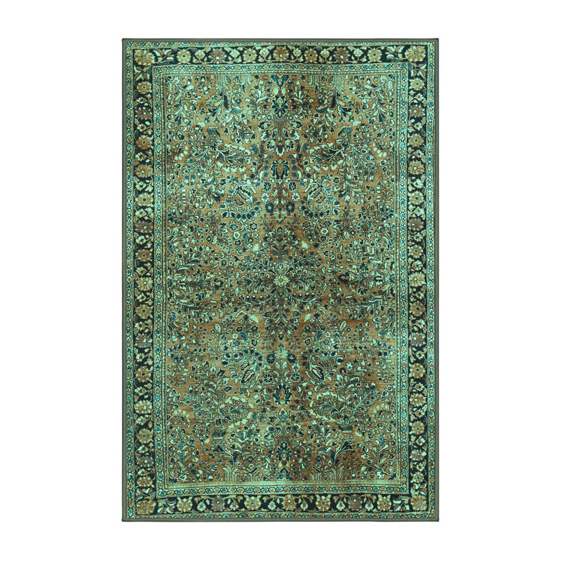 Tapis turquoise / brun / bleu marine tissé à la machine, Rectangle 2 pi x 3 pi
