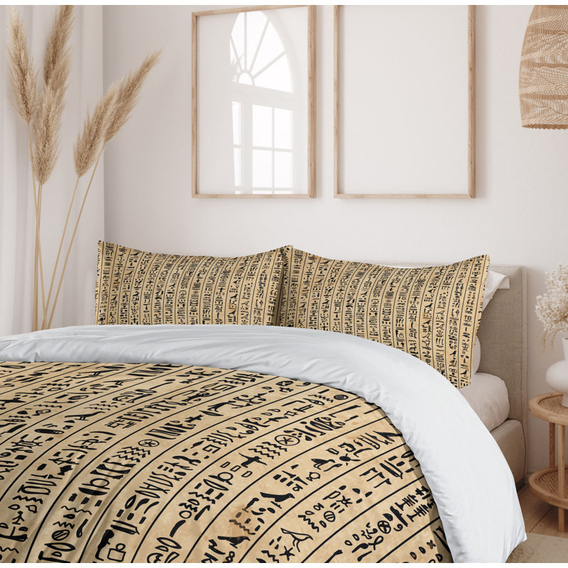 Egyptian Hieroglyphs Sand Brown Microfiber Queen Duvet Cover Set