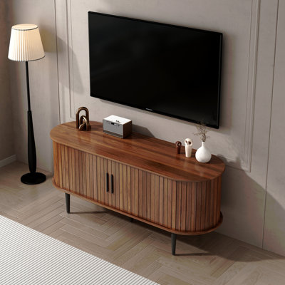 Meuble télé, console télé moderne avec compartiment de rangement et porte coulissante, centre de divertissement de jeu avec armoire pour salon, chambre à coucher, bureau (noyer)