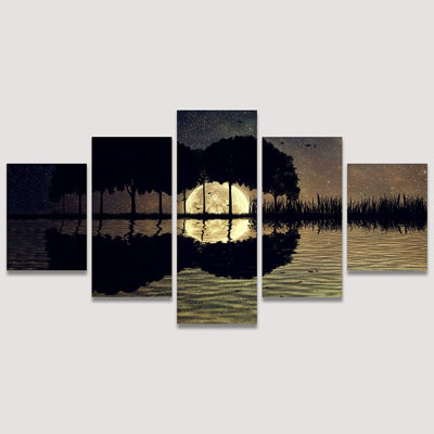 SignLEADER, grands arbres d'art mural en toile disposés en forme de guitare sur un fond de ciel étoilé dans une nuit de pleine lune pour les décorations prêtes à être accrochées - 60 po x 32 po