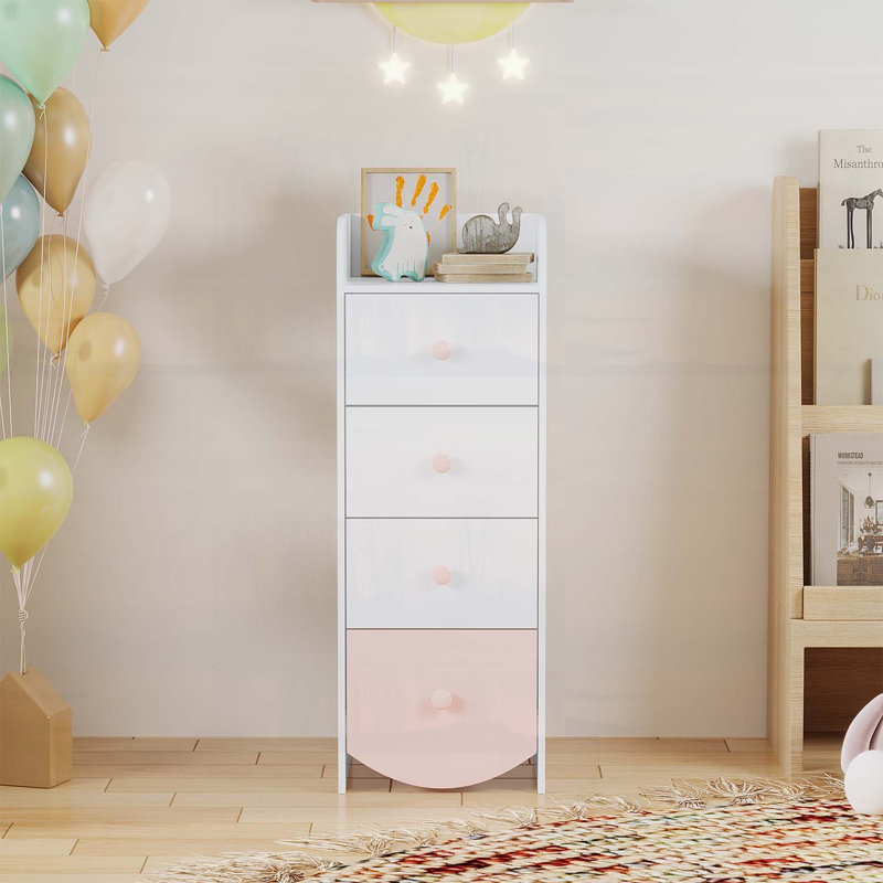 Commode pour enfants avec 4 tiroirs, armoire de rangement étroite pour les petites chambres et les chambres de bébé, commode en panneau de fibres à densité moyenne avec design arrondi, blanc