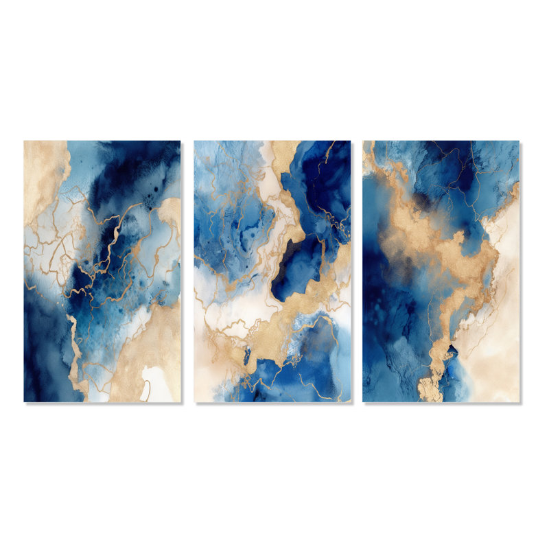 «Blue and Gold Marble Clouds VII», 3 pièces sur toile, Toile tendue, H 20 po x l 36 po