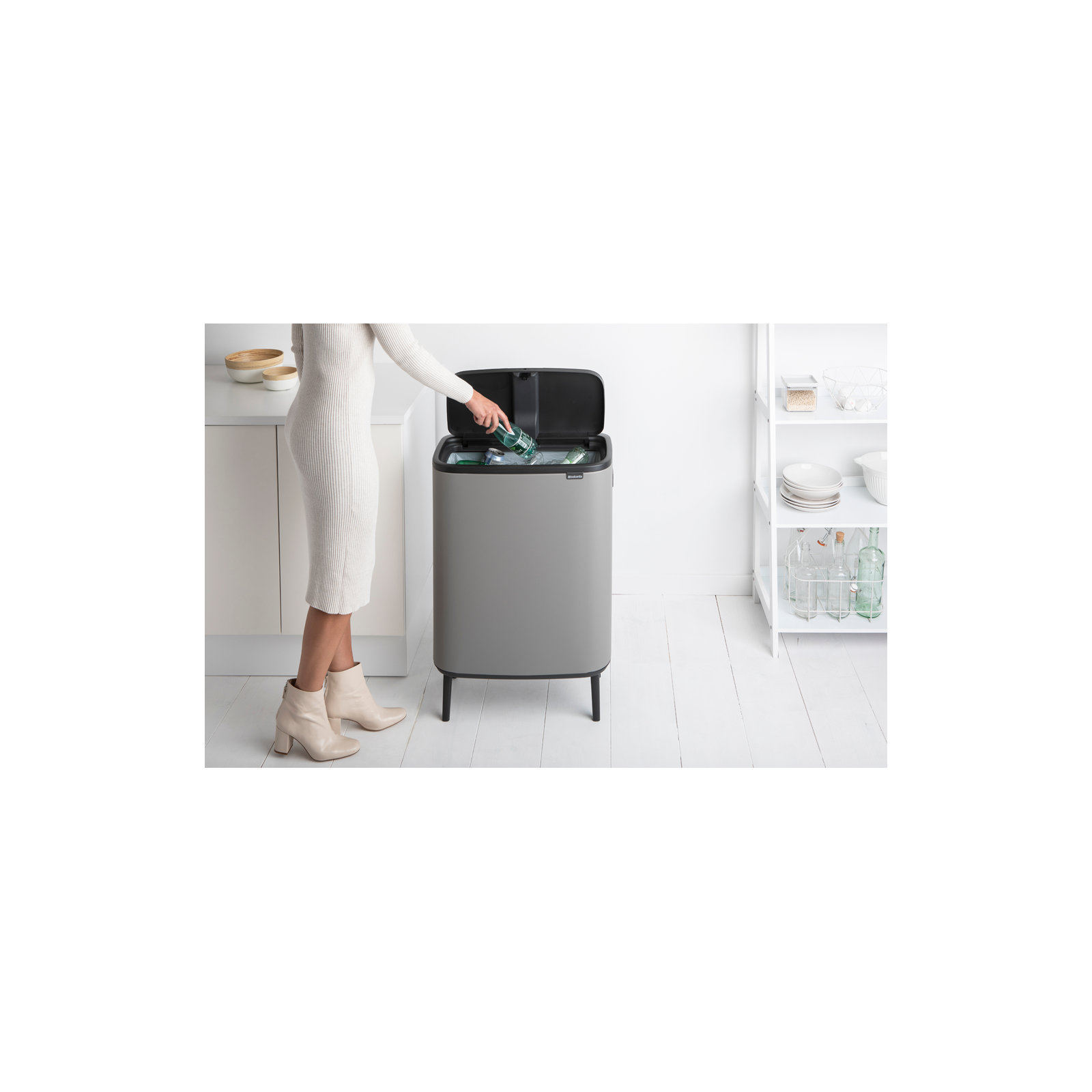 Brabantia Bo Hi Touch Top Trash Can, 16 Gallon, Mineral Concrete Gray