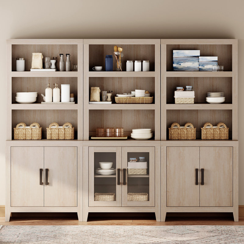 74"  Tall Bookshelf With Doors, Large Bookshelf Set Of 3 ,Farmhouse Bookcase With Open Shelves For Living Room, Home Office, Library, Beige