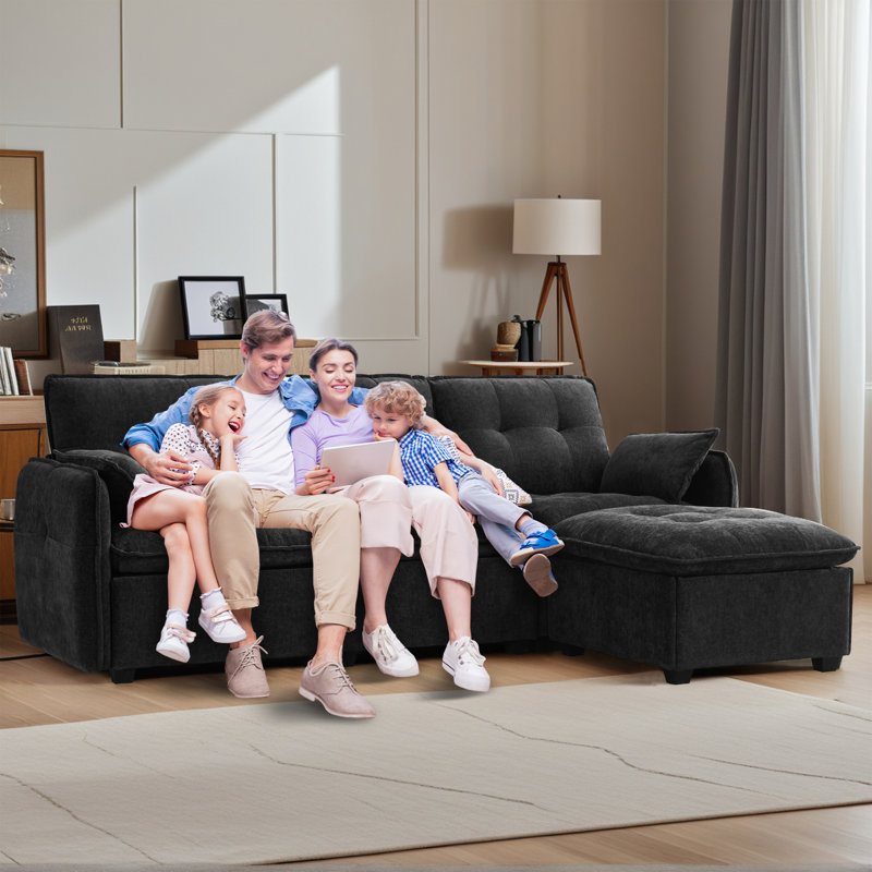 Canapé modulaire en chenille avec repose-pieds Cloud, Chenille noir