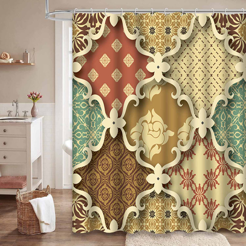 Rideau de douche patchwork rétro rouge brun brun beige avec 12 crochets, L 72 po x l 72 po