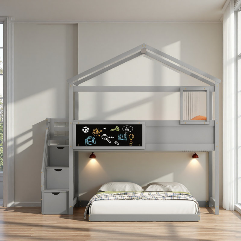 Lit simple superposé au dessus d'une chambre double avec escalier de rangement, Gris