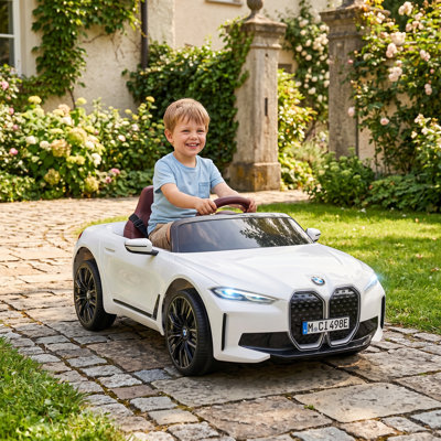 Electric Car for Kids, 12V Licensed BMW i4 Ride on Car with 2.4G Remote Control, Suspension System, Horn Honking, Music, Lights for Boys and Girls, White