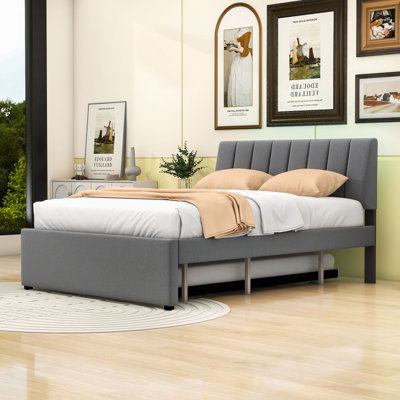 Upholstered Platform Bed with Twin Trundle and LED Light