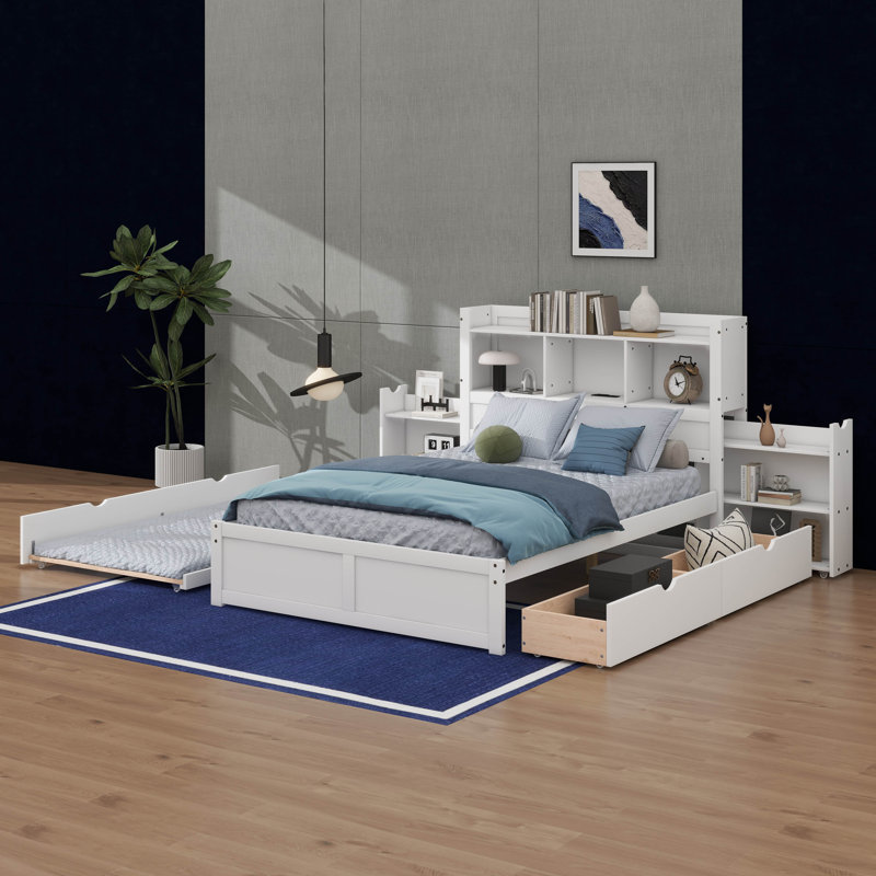Lit plateforme double avec tablettes coulissantes, Blanc