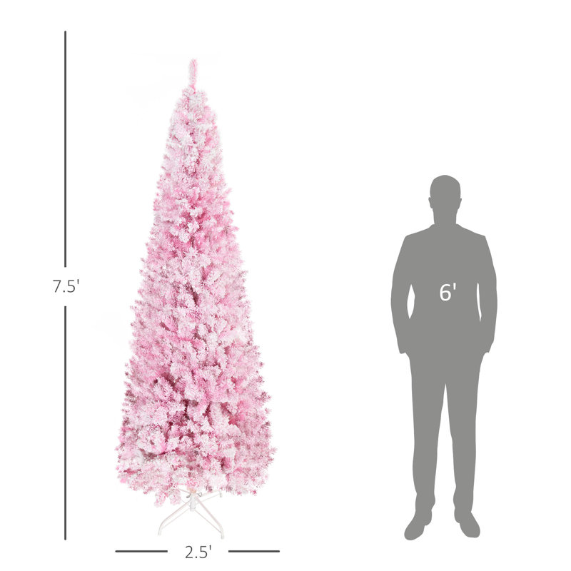 Grand arbre de Noël artificiel floqué enneigé avec forme de pin et branches réalistes, rose