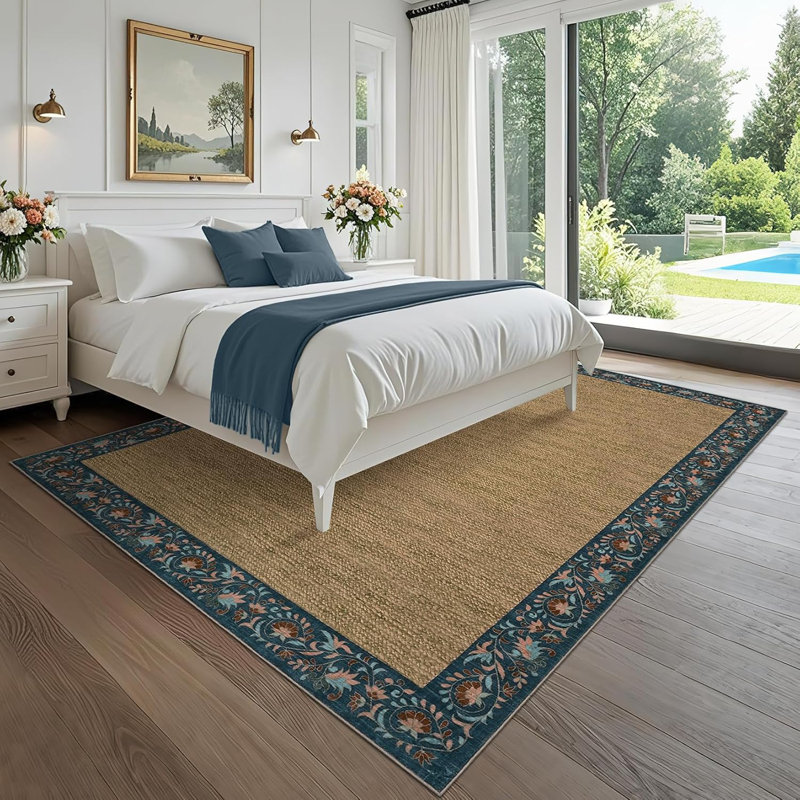 Tapis de cuisine à bordure florale minimaliste, antidérapant et lavable, Rectangle 5 pi x 7 pi