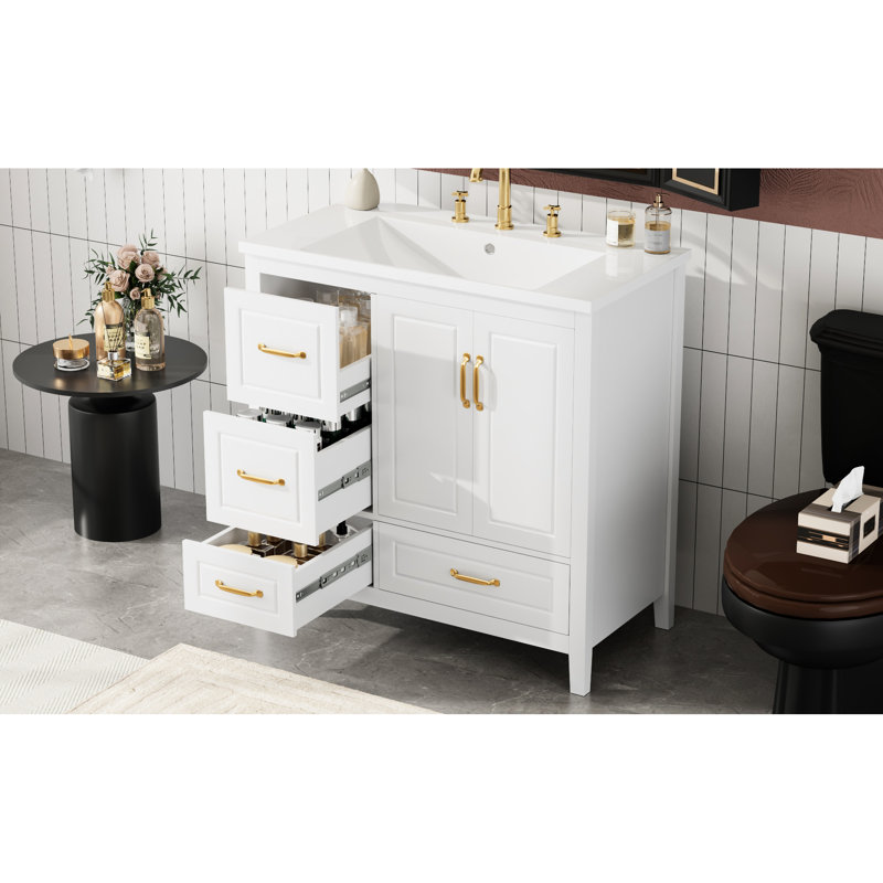 Meuble-lavabo 36 po avec lavabo en résine blanche, une porte d'armoire, 4 tiroirs, poignées en métal, dossier ouvert pour une installation efficace du drain Connexion rapide de 36 po