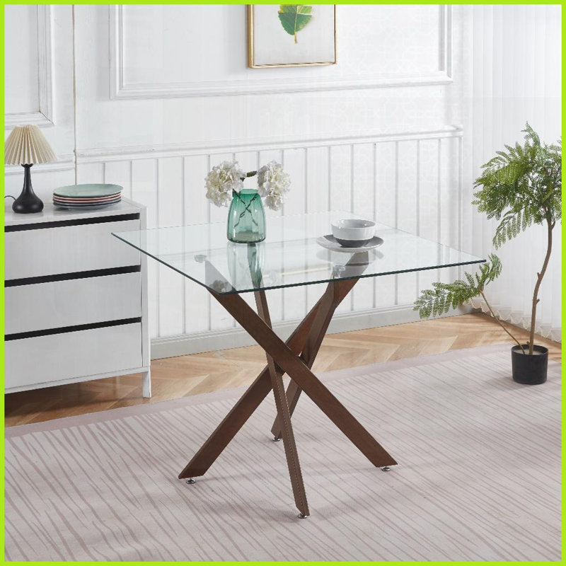 Table basse peu encombrante en noyer avec pieds croisés en métal Verre trempé, facile à nettoyer pour le salon, Brun