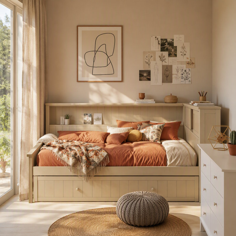 Lit de jour pleine grandeur en bois avec tablettes de rangement et lit gigogne, lait blanc antique