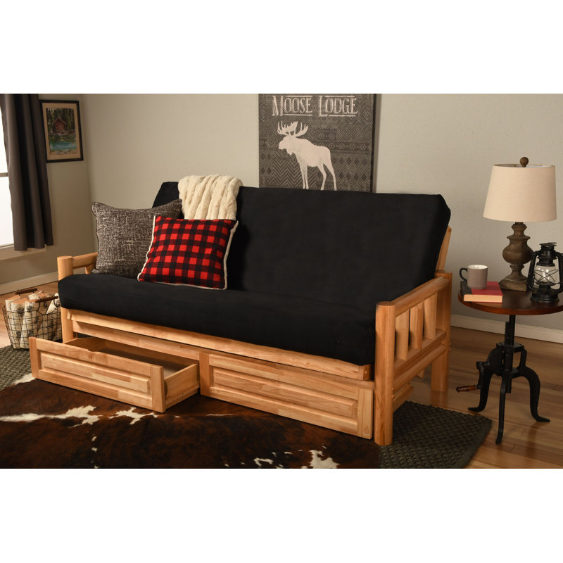 Futon avec matelas à dossier large avec rangement de 81 po Stratford, Microsuède noir, Naturel