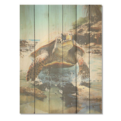Aquarelle d'une tortue par le capitaine de la côte II - art mural panneau de bois de tortue sur bois de pin naturel