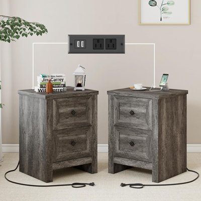 Nightstand With Charging Station, Farmhouse End Table