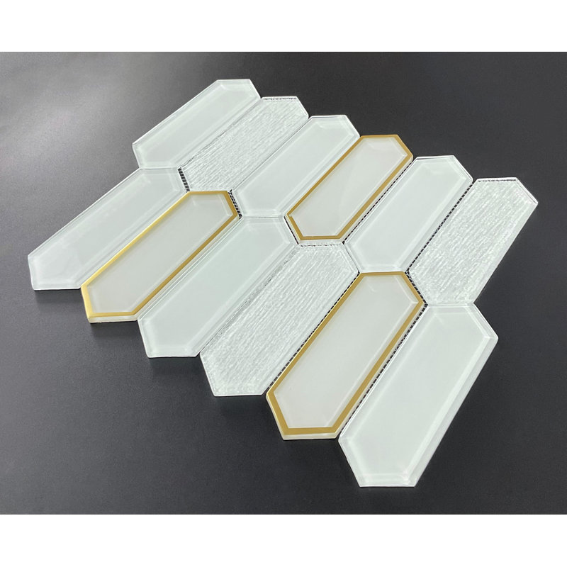 Glass Mosaic Wall Tile, White & Gold Glazed