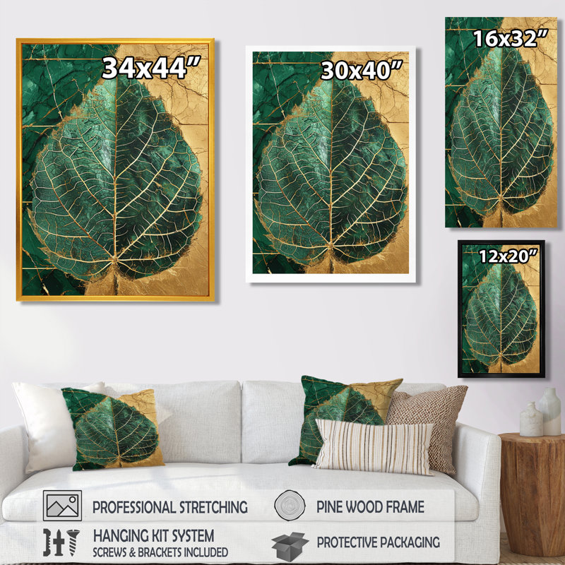 Ornemental feuille rétro or I - feuilles, art mural, Toile avec cadre flottant noir, H 32 po x l 16 po x P 1 po