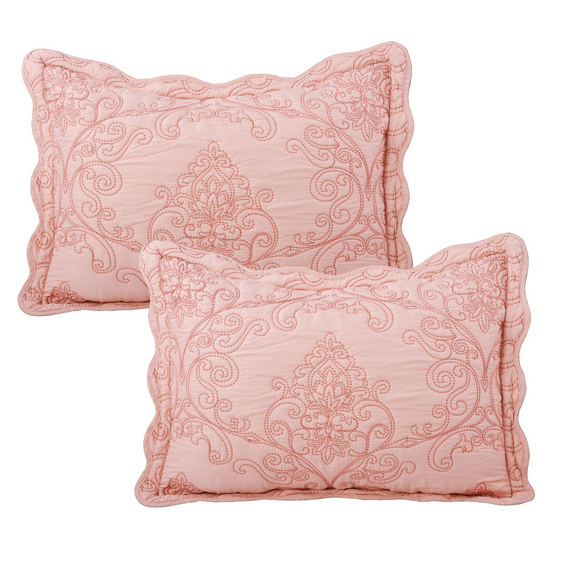 4 Piece Damask Oversized Embroidery Bedspread Set, Rose poudreux, Courtepointe grand lit + 2 taies décoratives pour
