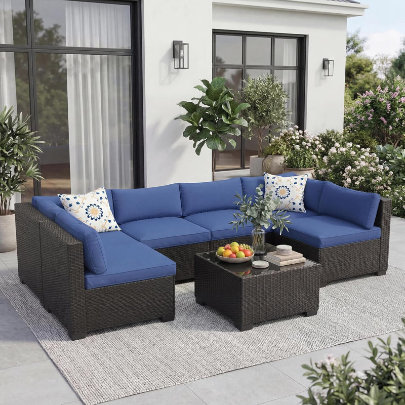Ensemble de meubles de patio 7 pièces, canapé modulaire en rotin avec table basse et coussins, noir et bleu, Bleu, Black