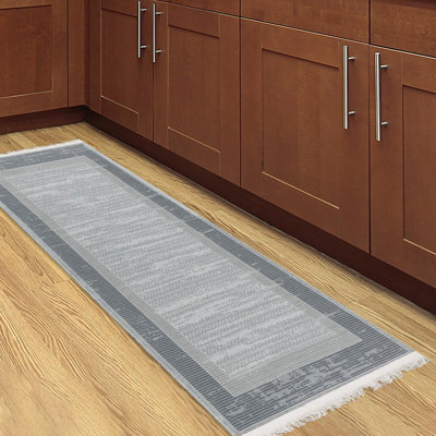 Machine Washable Wrinkle Free Flatweave Border Gray Area Rug for Living Room, Hallway Runner