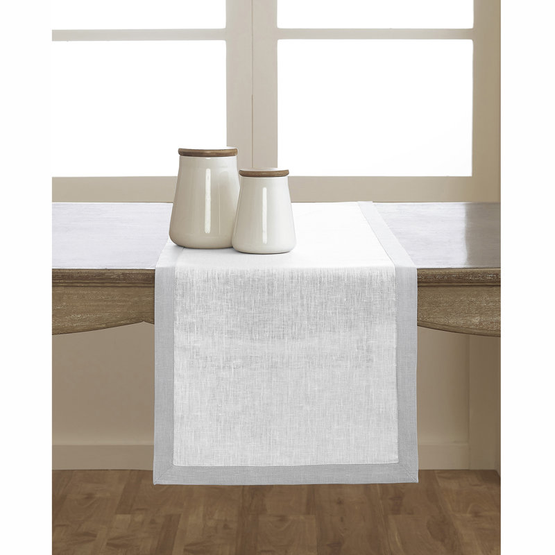 Classic - 100% Pure Linen Table Runner, Soft Gray/White, 90" x 14", Narrow Border