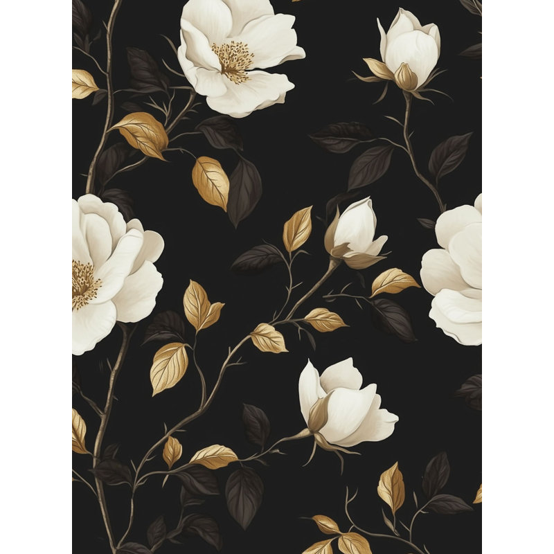 White and Gold Look Floral Wallpaper | Elegant Black Background Wall Mural for Luxe Botanical Decor