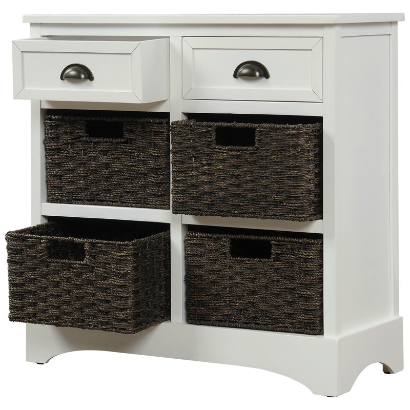 Rustic Storage Cabinet with Two Drawers and Four Classic Rattan Basket Accent Cabinet, White