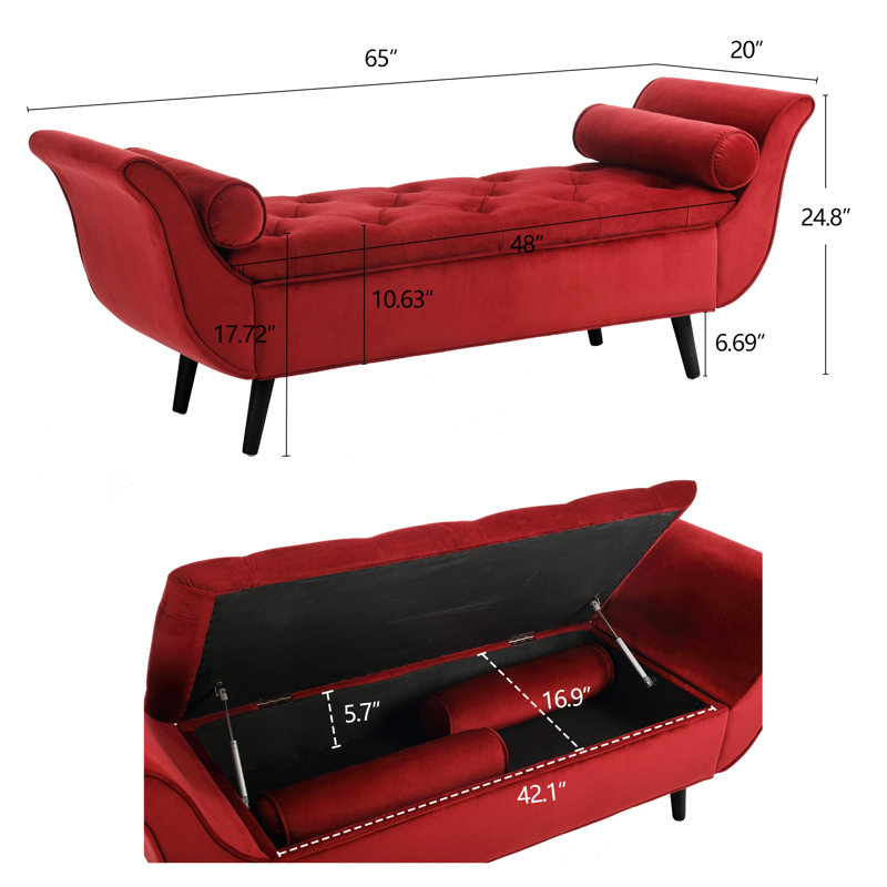 Banc polyvalent en velours rouge de 65 pouces pour le salon, assise confortable, profondeur 48,24 po, largeur 18,46 po, hauteur 17,11 po, chambre de rangement 47,2 lb, conception gracieuse, profondeur, largeur, hauteur,