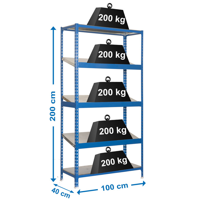 100cm W Steel Height -Adjustable Shelving Unit, 200cm H x 100cm W x 40cm D, Blue/Galvanized