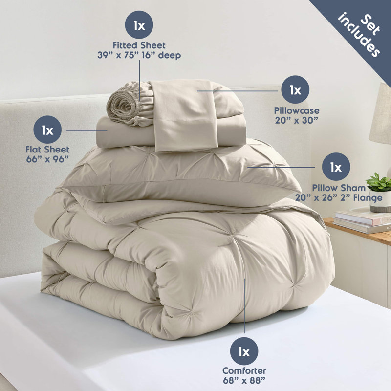 Ensemble d'édredon plissé avec draps Bed-in-a-Bag, Beige, Édredon simple + 4 pièces supplémentaires