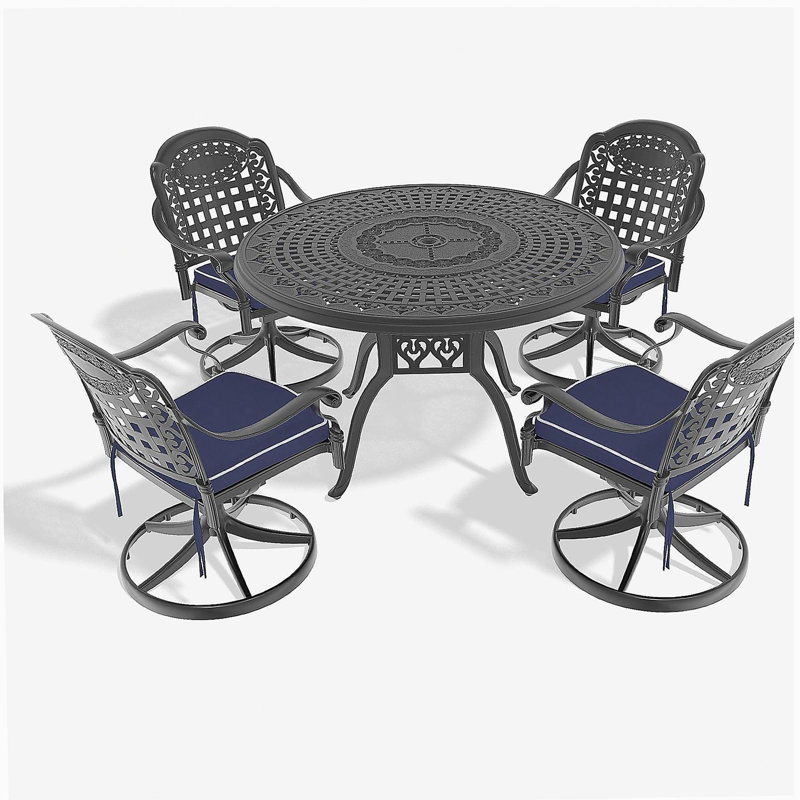 Ensemble de salle à manger 5 pièces en aluminium coulé résistant aux intempéries, comprenant 4 chaises pivotantes et une table ronde de 47,24 po avec structure noire (même SKU: W1710S00448)