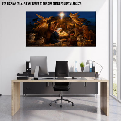 Large Nativity Canvas Wall Art - Oh Holy Night Wall Decor, Nativity Scene Pictures Wall Decor for Living Room, Christmas Nativity Painting Prints Artwork Wrapped Canvas Print, 24×48 inches